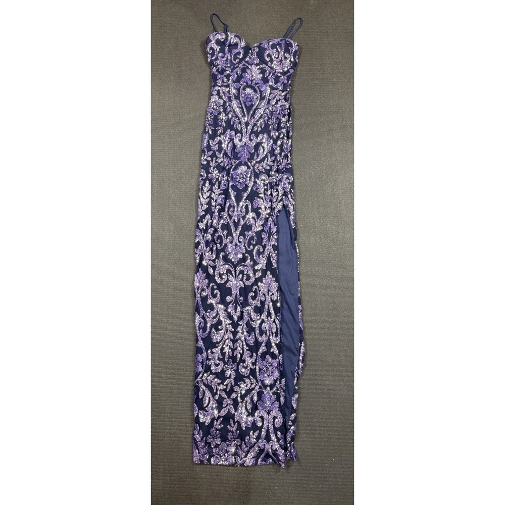 Windsor Dress Gown Sequin Purple Stretchy Long side-slit Size Small